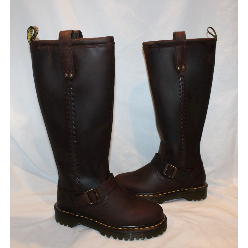 DR. MARTENS ANISTONE CRAZY HORSE BROWN KNEE HIGH LEATHER BIKER BOOTS $290 US 6 - Picture 8 of 11
